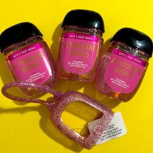 3 Bath & Body Works A THOUSAND WISHES Pocketbac Hand Sanitizer Gels + 1 Holder
